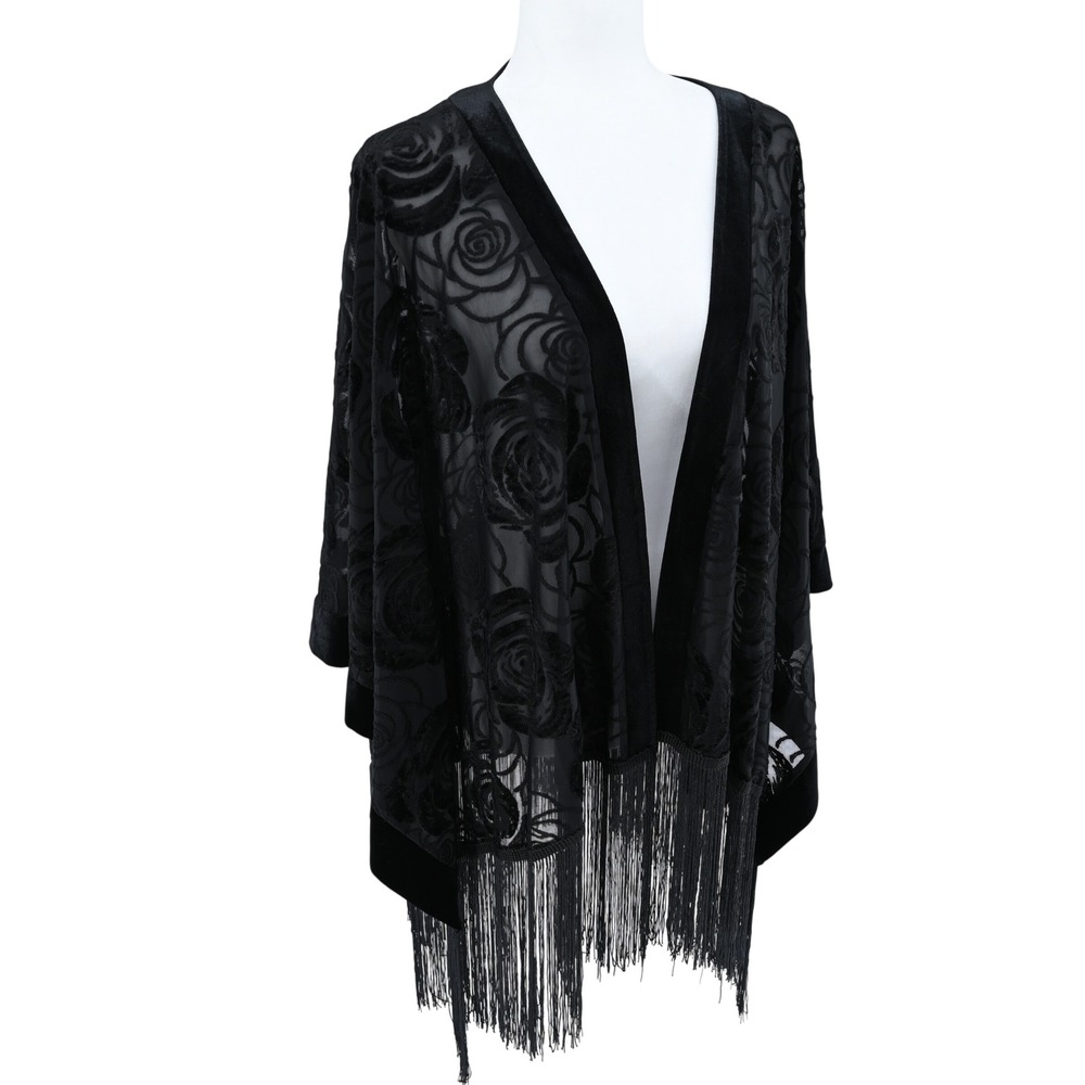 JustFab 1X Black Velvet Burnout Floral Kimono Fringe Whimsigoth Festival Wrap